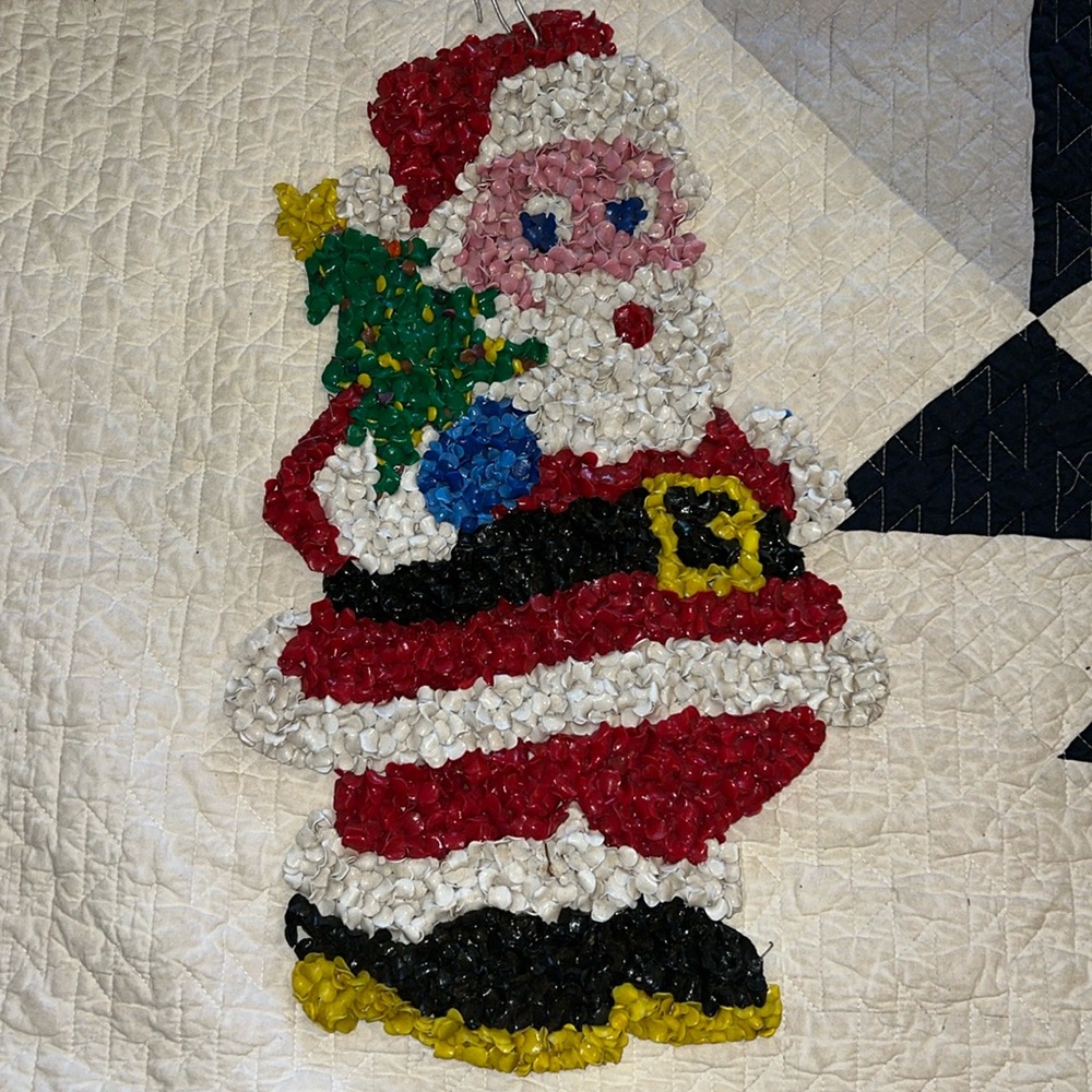 Vintage popcorn art handmade Christmas Santa wall decoration